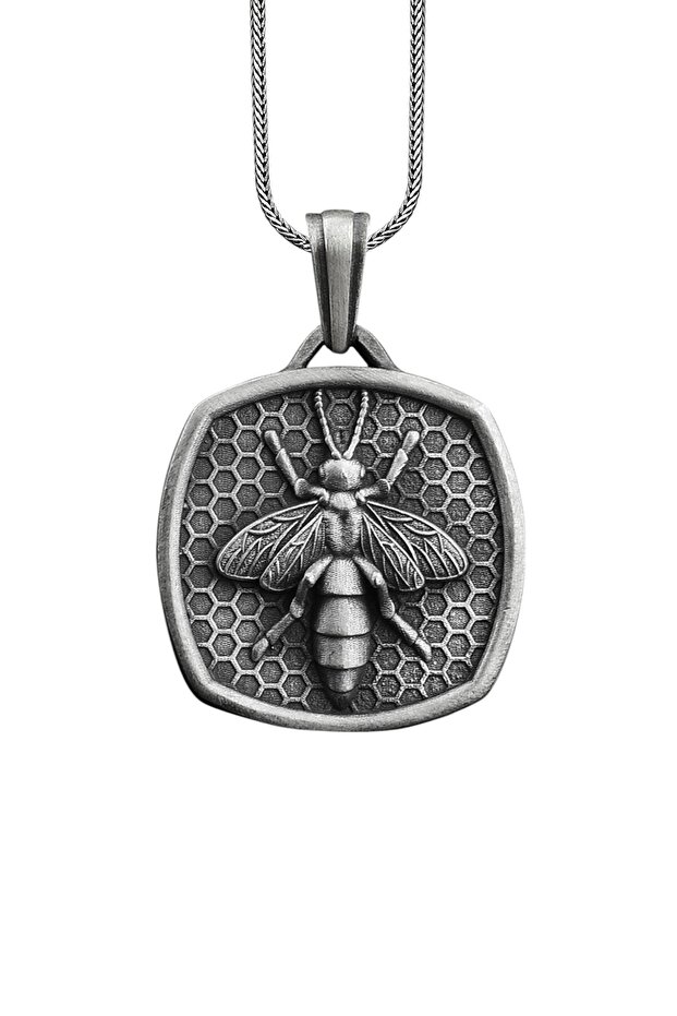 Arı Madalyon Gümüş Kolye - 1