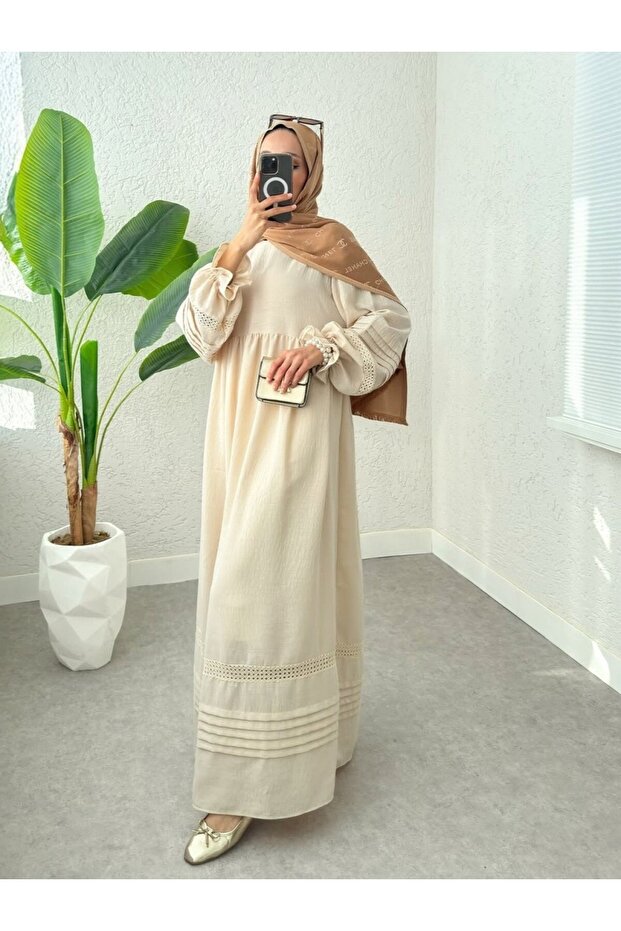Elastic sleeve piece linen dress -stone