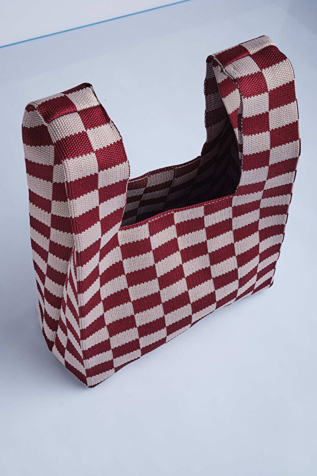 Checkered Patterned Knitwear Tote Handbag - 4