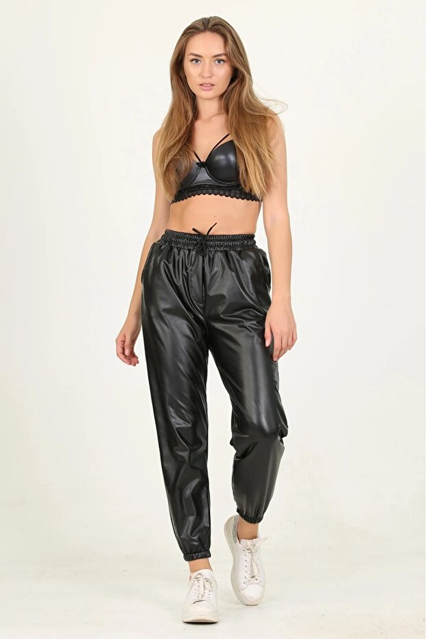 Women's Black Leather Jogger Pants with Elastic Waist and Legs