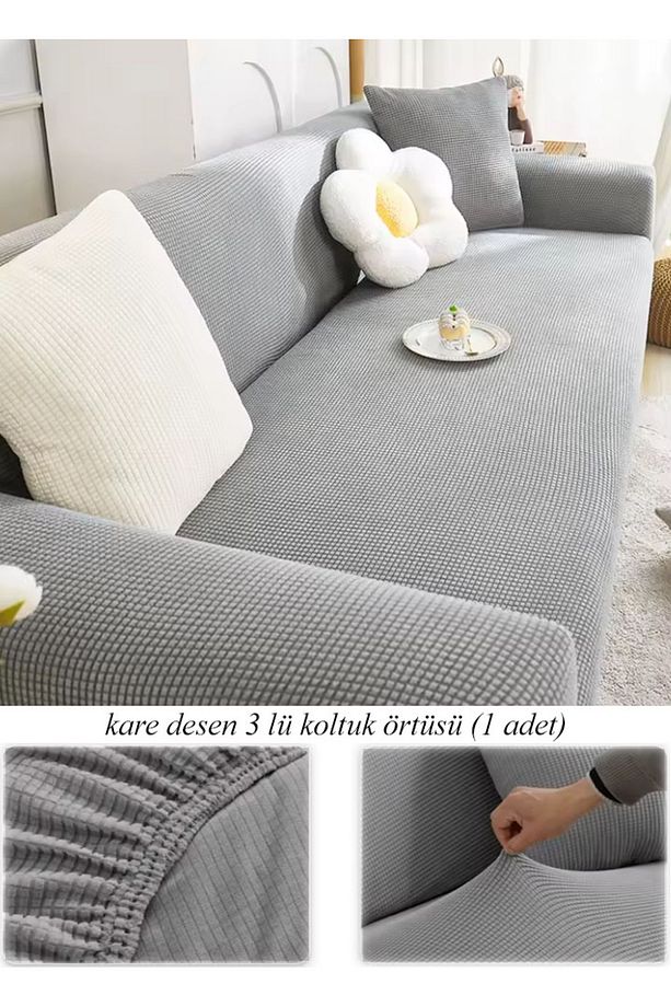 Streç Lastikli Esnek Yikanabilir Kare Desen Berjer Üç Kişilik Koltuk Örtüsü Koltuk Kılıfı (Bir Adet) - 1