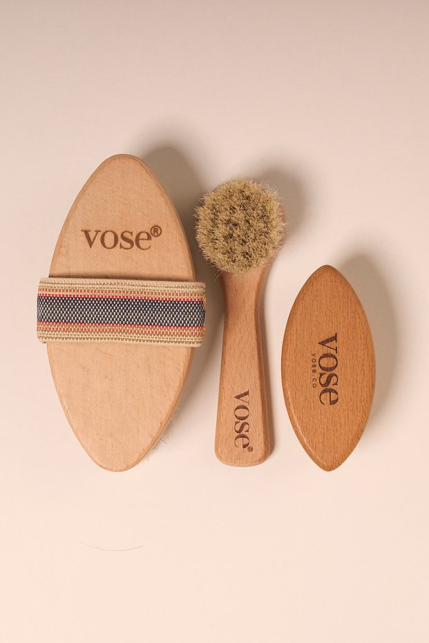 Set of 3 Natural Horsehair Cellulite Brush (Magnolia) + Face Brush + Nail Brush