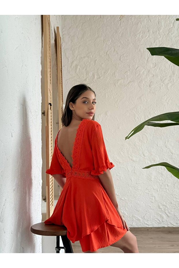 Dantel İşlemeli Şort Tulum - 7