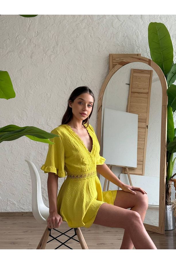 Dantel İşlemeli Şort Tulum - 4