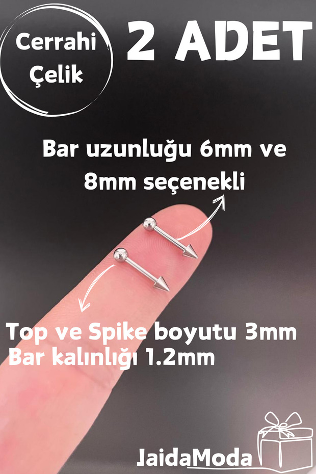 Gümüş Top ve Spike Uçlu Helix Tragus Çelik Piercing 2 Adet - 3