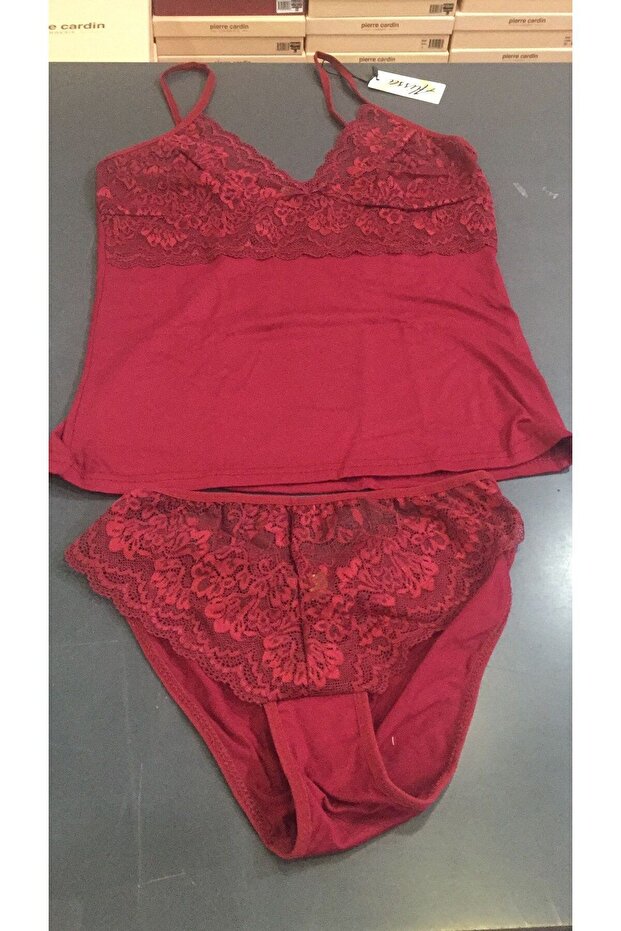 Women's Lace Burgundy Combed Cotton Undershirt & Panties & Camisole Set Clv5