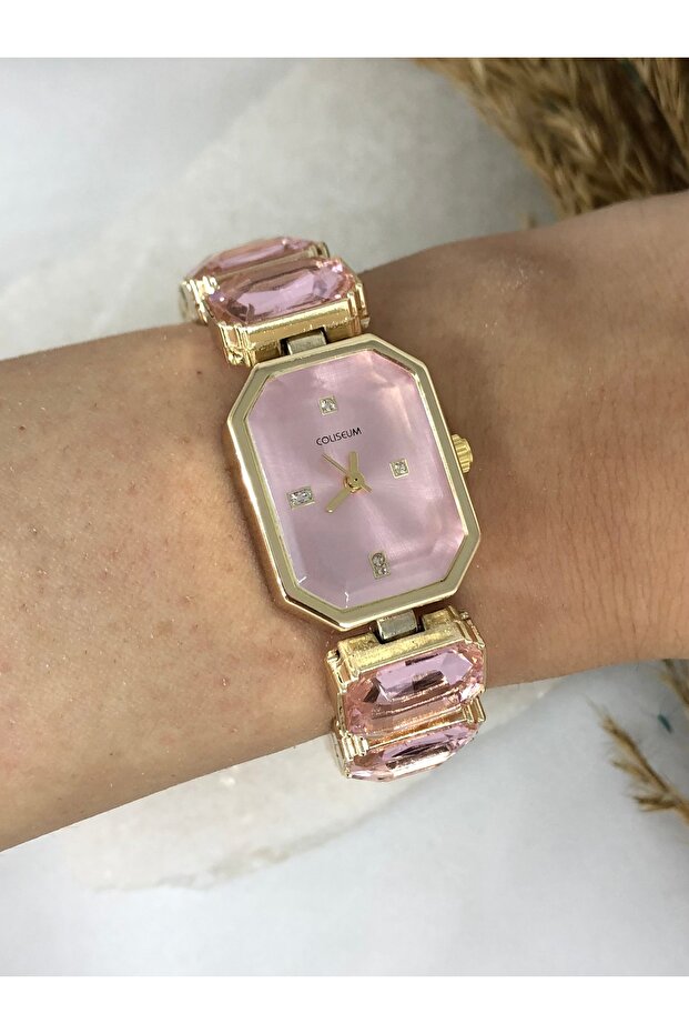 Gold Pink Design Women's Wristwatch with Crystal Cutout Stones