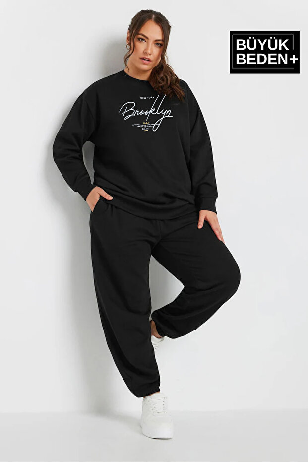Women's Handwritten Brooklyn Printed Large Size Slim Crew Neck Swatshirt Spr25Bswk59