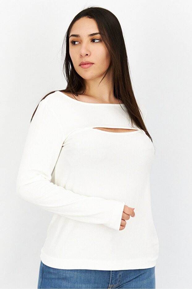 Women Boat Neck Long Sleeve Ribbed T-Shirt, White