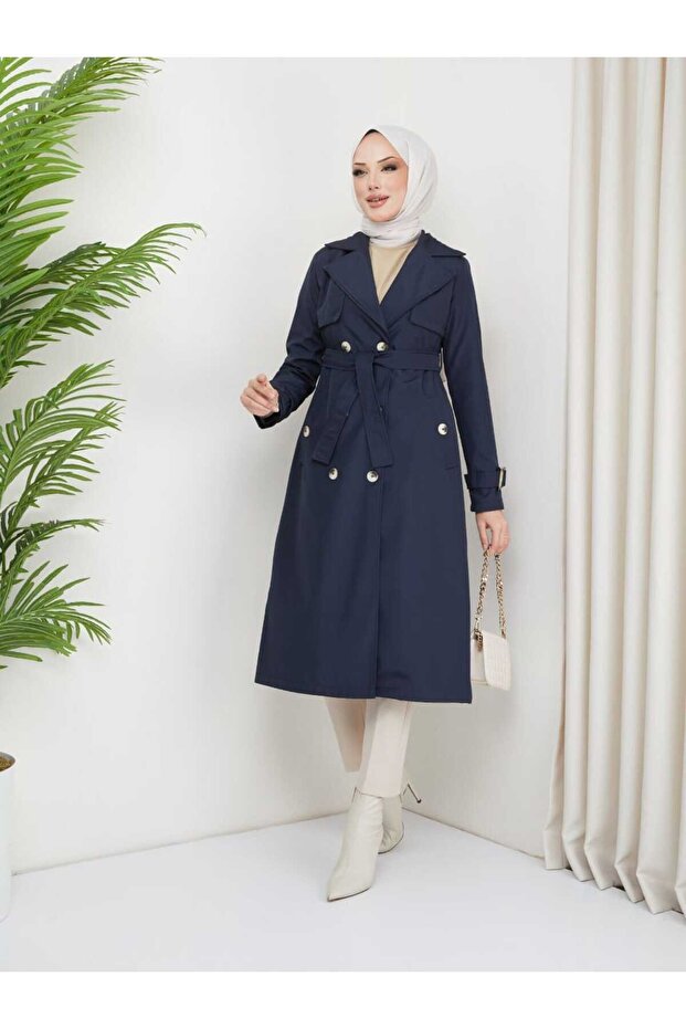 Waist Tie Sleeve Detailed Hijab Trench Coat