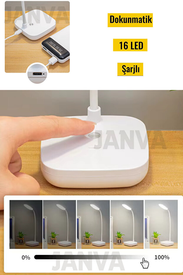 Kablosuz Şarjlı Dokunmatik 16 LED Masa Lambası Ders Çalışma Okuma Işığı Dimmer Ayarlı - 6