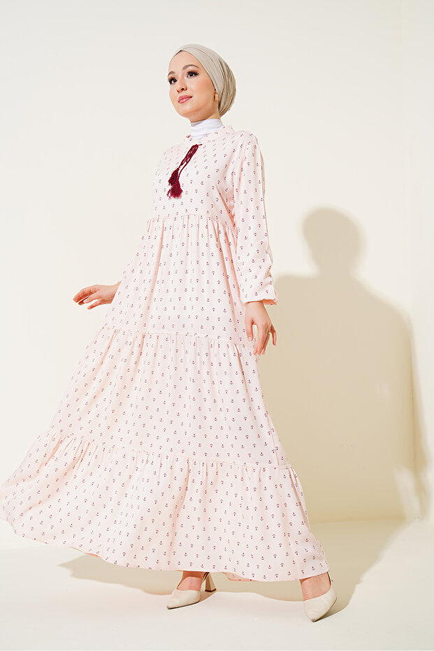 1627 Collar Lace-Up Hijab Dress - Light Powder
