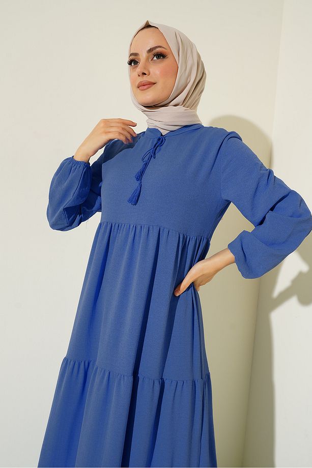1627 Yaka Bağcıklı Tesettür Elbise - C.Saks - 4