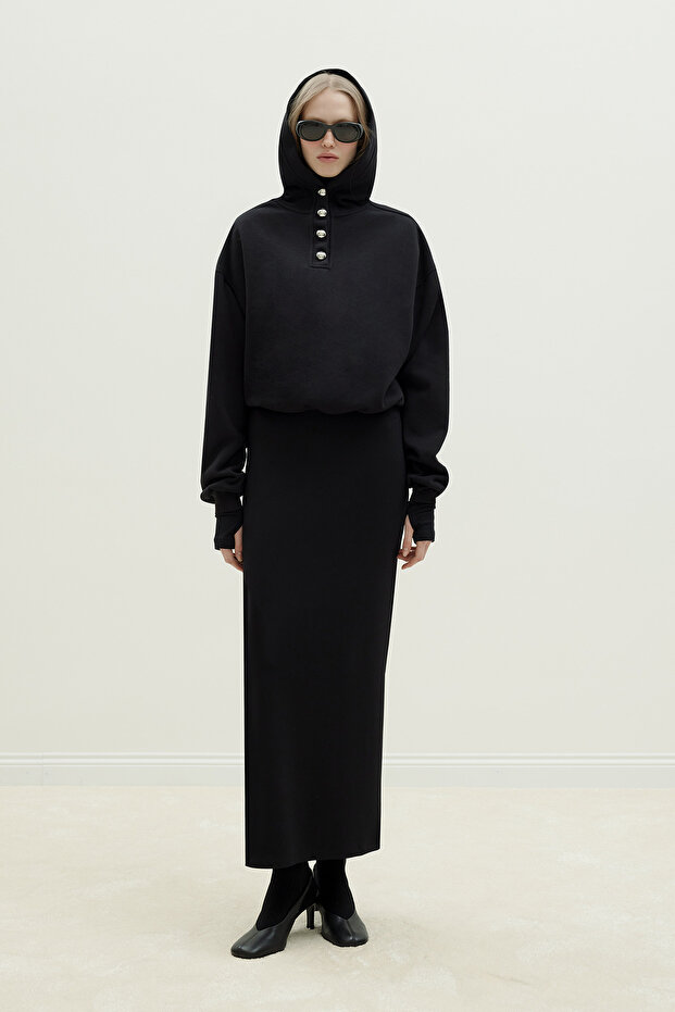 Siyah Gala Düğmeli Oversize Sweatshirt - 2