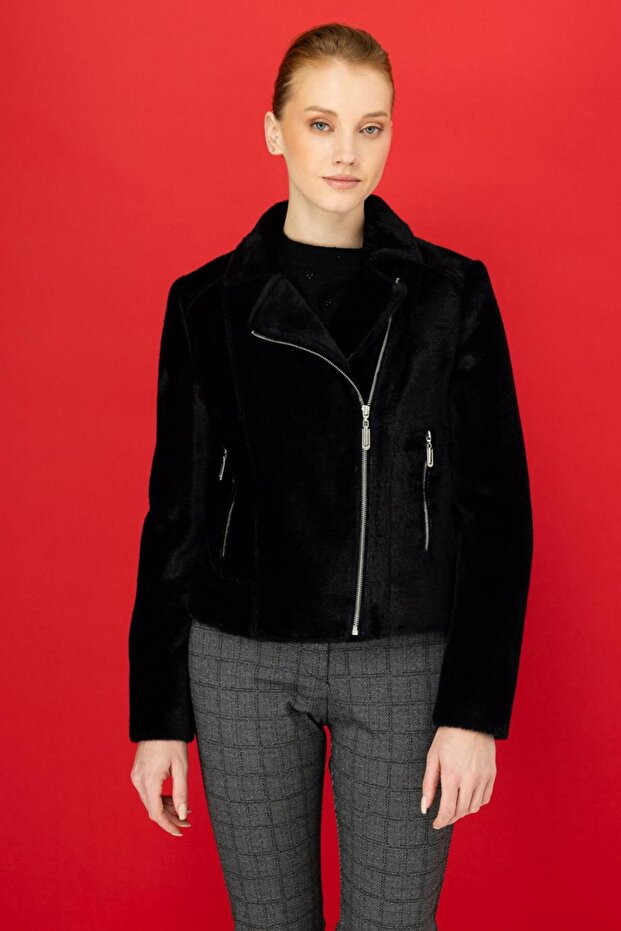 Plush Side Zipper Black Women's Coat 7051-2K5