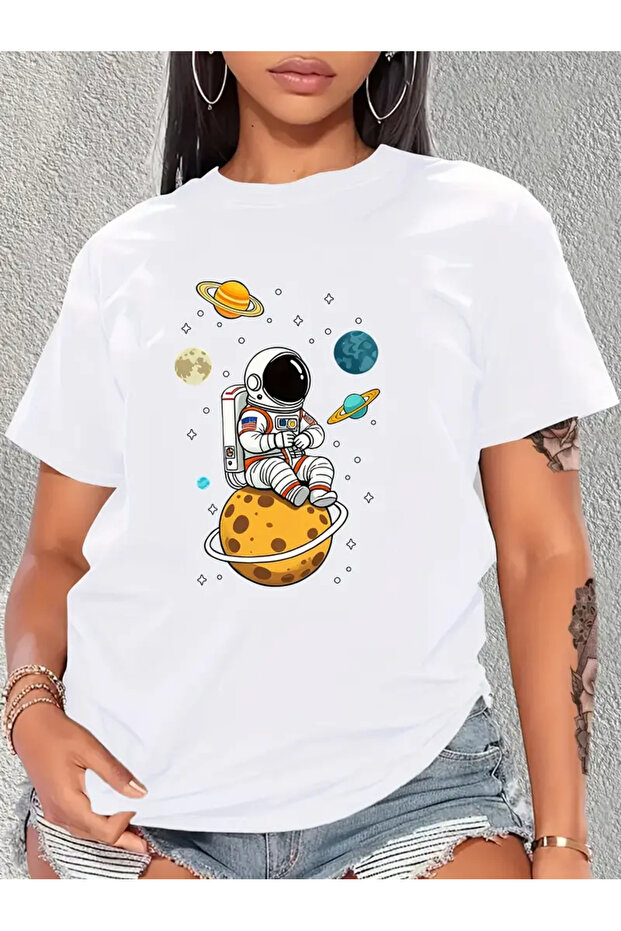 Unisex Astronaut Printed Crew Neck Oversize T-Shirt