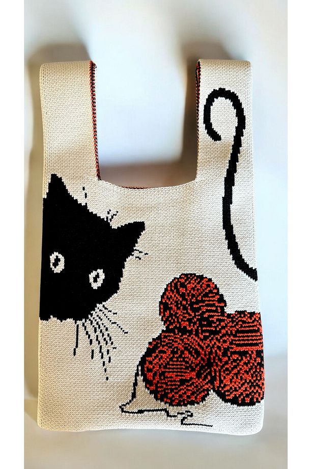 Kedi Desenli Triko Poşet Çanta 30 Cm - 3