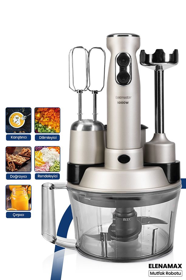 Elenamax Silver 1000 Watt Hız Ayarlı %100 Bakır Motor 5 In 1 Mutfak Robotu Multi Blender Seti - 1