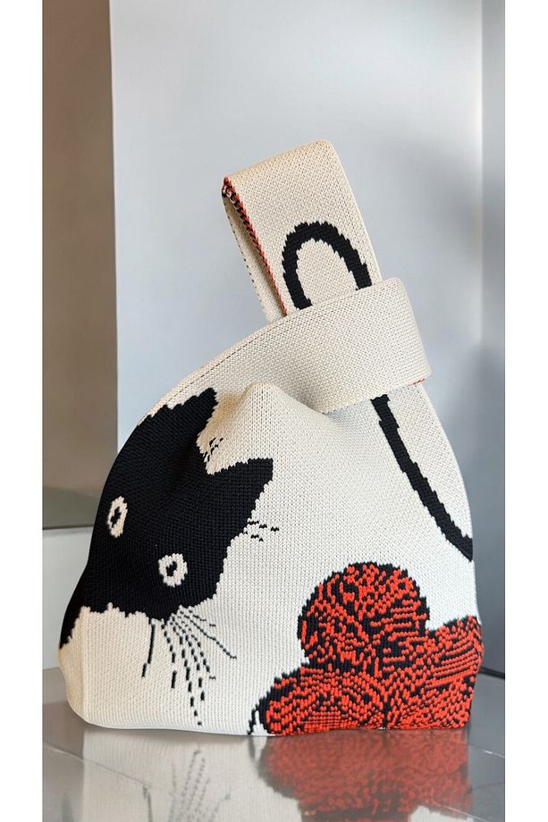 Kedi Desenli Triko Poşet Çanta 30 Cm - 1
