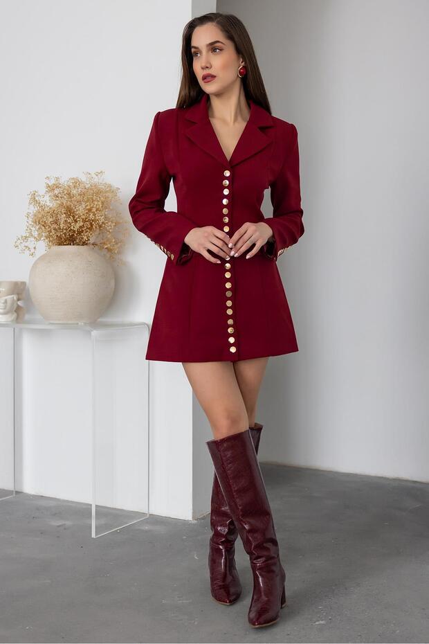 Trend Women's Gold Snap Detailed Design Long Blazer Jacket