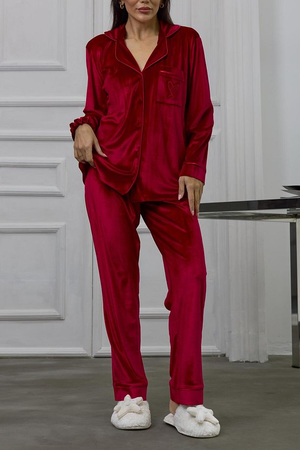 Tocco Scintillante Kırmızı Kadife Uzun Pijama Takımı - 6