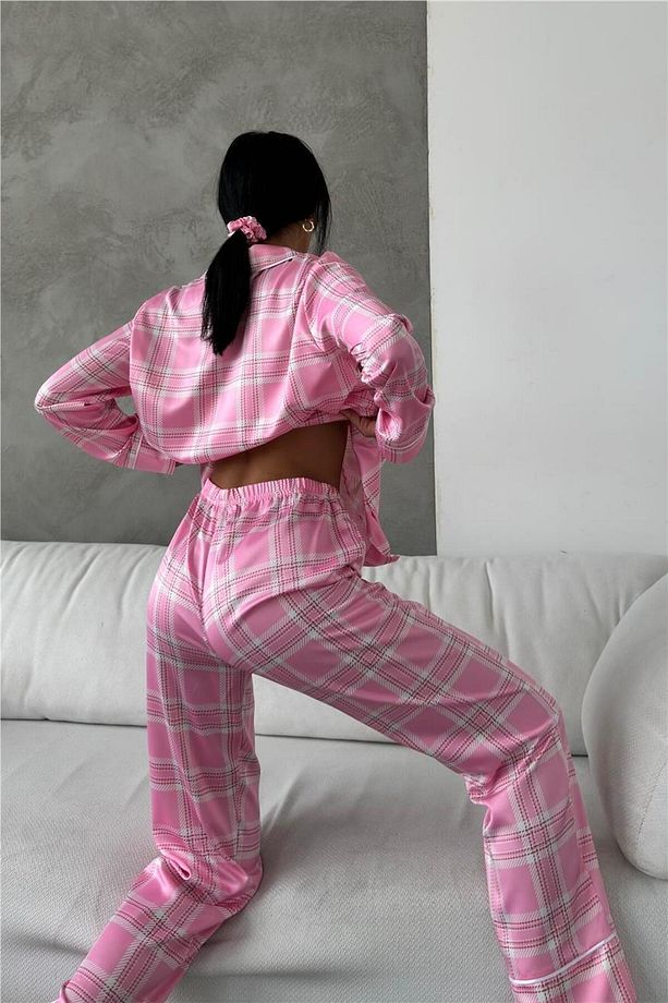 Pudra Ekose Desen Saten Uzun Pijama Takımı - 5