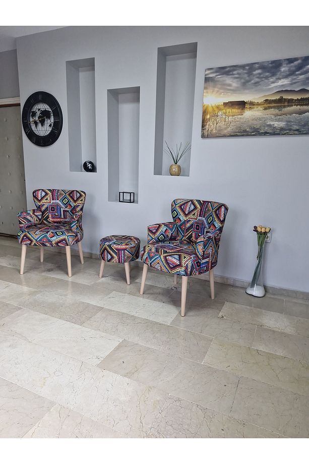 Karışık Desen 3lü Koltuk Seti Berjer - Tekli Koltuk - Puf Seti - Cafe - Balkon - Ofis Mobilyası - 1