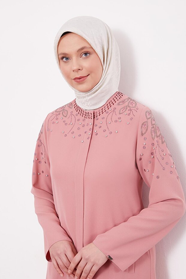 Pudra Taş İşlemeli Ferace - 4