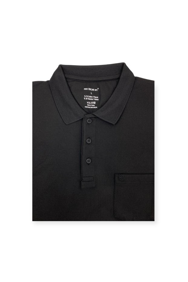 Ercan Men's Large Size Waffle Woven Fabric Polo Collar Pocket Short Sleeve Black Color T-Shirt 4009