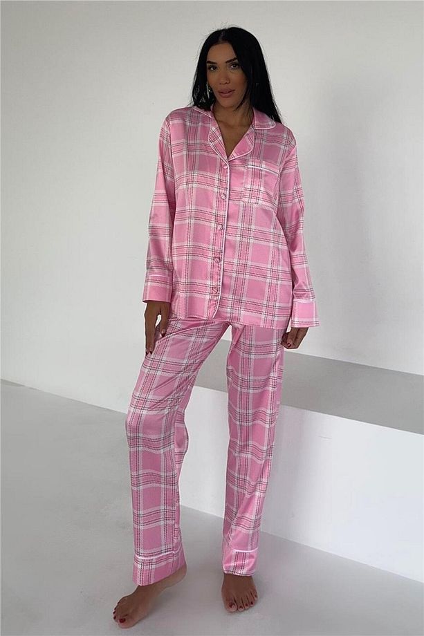 Pudra Ekose Desen Saten Uzun Pijama Takımı - 4