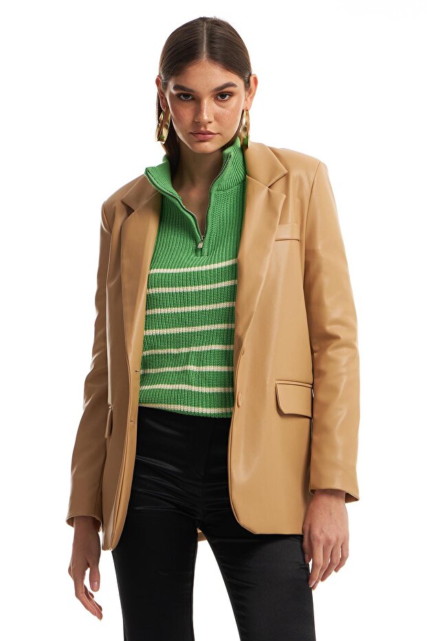 Blazer Deri Ceket Camel - 3