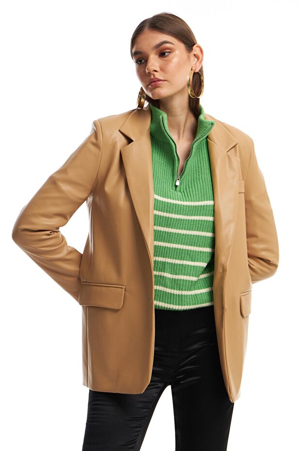 Blazer Deri Ceket Camel - 4