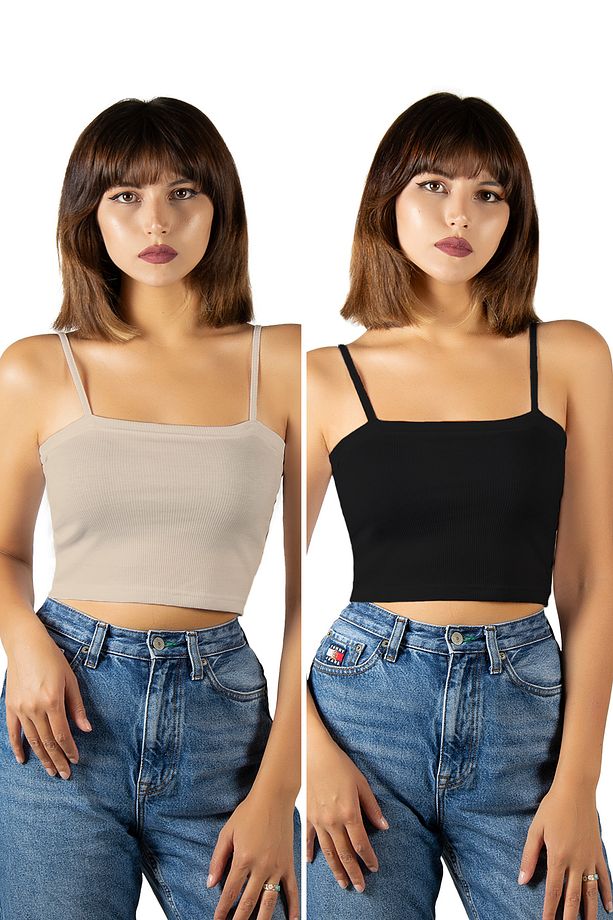 2'li Paket Siyah Bej İp Askılı Fitted/Vücuda Oturan Fitilli Crop Top Atlet - 1