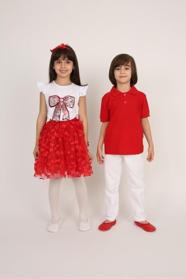 Girl-Boy Show Suit Pleated Skirt with Bow Tee Shirt Lakos and Pants Suitable for 23 April