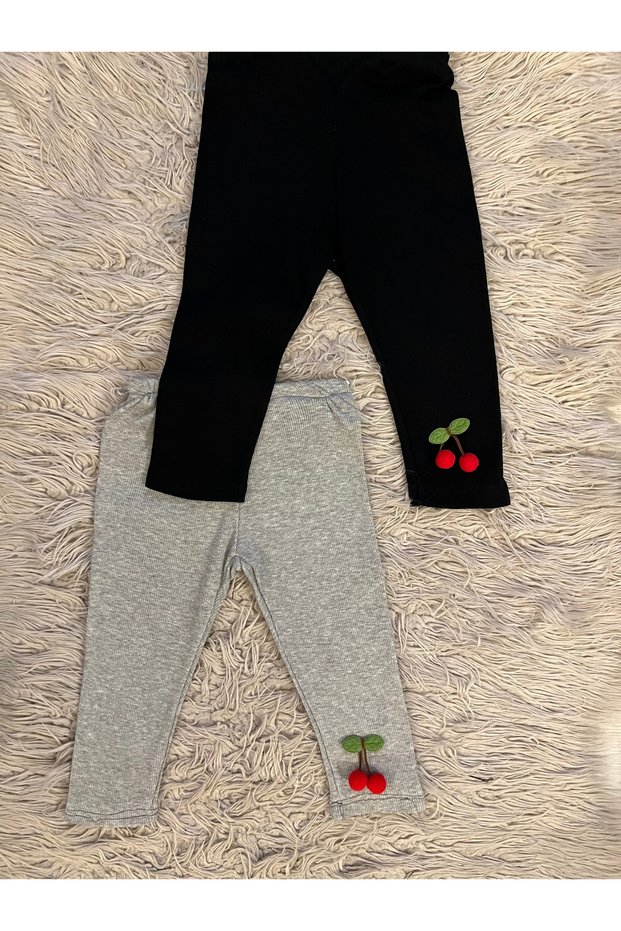 Pack of 2 Cherry Detailed Stretchy Rib Fabric Girl's Leggings