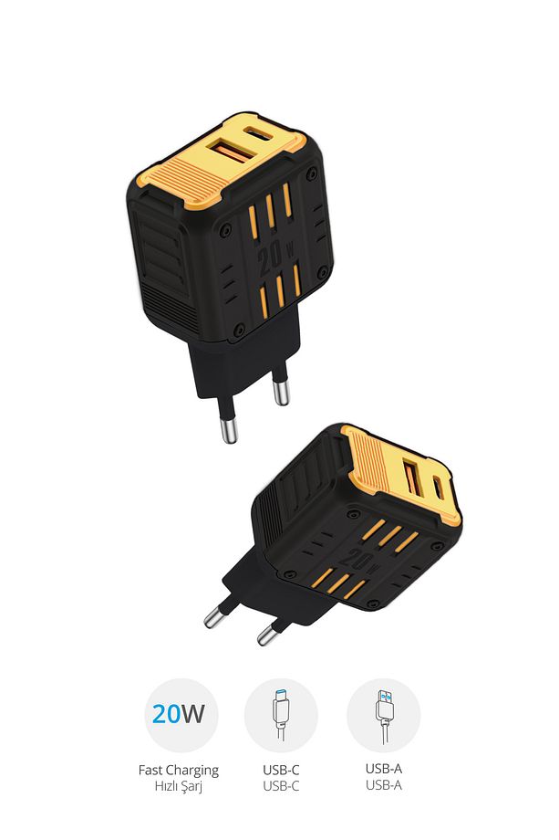 3386 Süper Hızlı 20W Şarj Aleti / Type-C & USB-A Girişi / Tüm iPhone ve Android Cihazlarla Uyumlu - 3