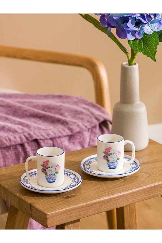 LCW HOME Mavi Çiçek Baskılı 2 Kişilik Porselen Kahve Fincan Takımı - 1