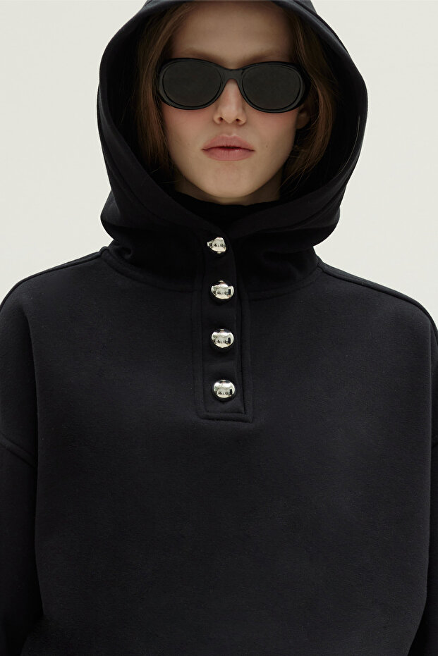 Siyah Gala Düğmeli Oversize Sweatshirt - 8