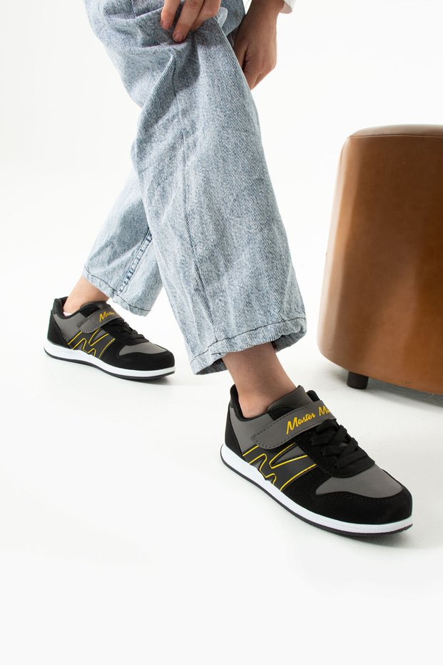 Children's Black Yellow Lace-Up Single Velcro Summer Winter Faux Leather Unisex Sneaker m Written Sports Shoes