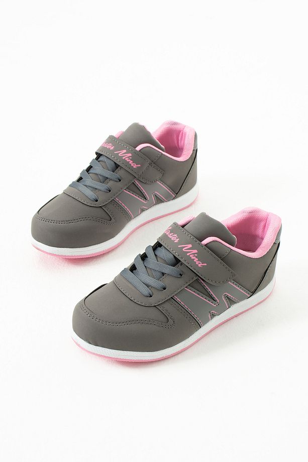 Çocuk Füme Pembe Bağcıklı Tek Cırtlı Yazlık Kışlık Suni Deri Unisex Sneaker M Yazılı Spor Ayakkabı - 4