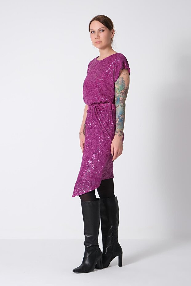 Payet Eteği Asimetrik Mini Şık Elbise - 2