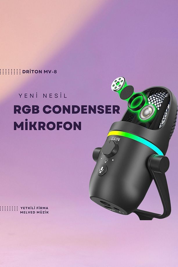 Driton Youtuber Mikrofon Mv-8 Siyah Usb Rgb Dinamik Cardioid Condenser Podcast Yayıncı Mikrofonu - 5