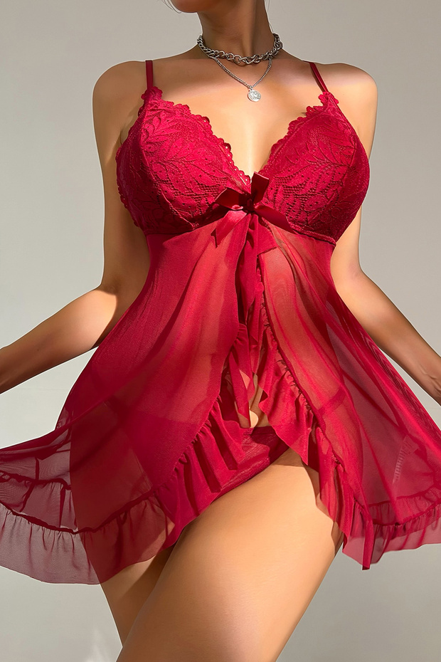 Kadın Bordo Dantelli, Fırfırlı Tül ve Fiyonk Detaylı Tangalı Gecelik Takımı - 3