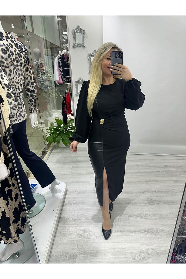 Siyah Gold Düğme Detaylı Yan Deri Parçalı Ön Yırtmaçlı Midi Boy Uzun Kollu Elbise stp 25k2392 - 4