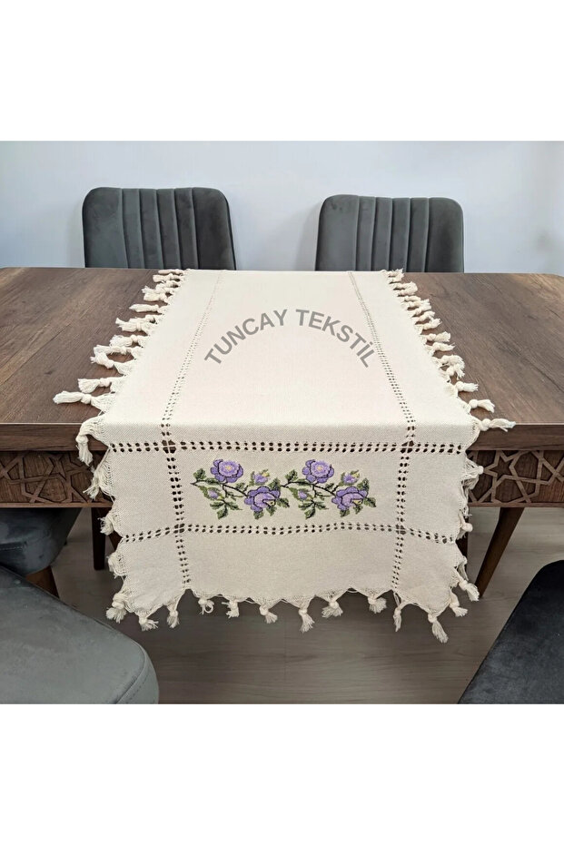Purple Cross Stitched Runner - Ranir Cross Stitch Needle Worked Hand Tied Canvas Cover Coffee Table Table Cloth