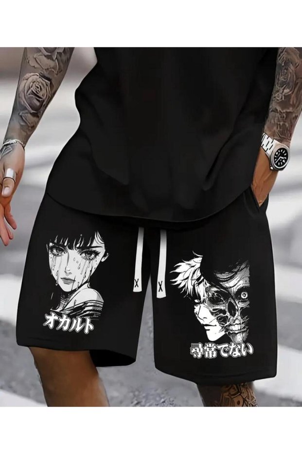 Unisex Women's Face Printed Bermuda Pocket Cord Detailed Comfortable Fit Black Shorts