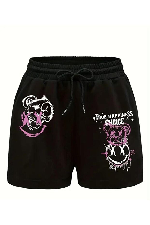 Women's the Happines Printed Bermuda Pocket Cord Comfortable Fit Black Shorts