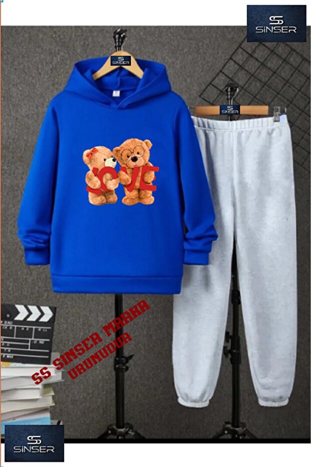 Hooded Children's "Bear Love" Printed Tracksuit Set