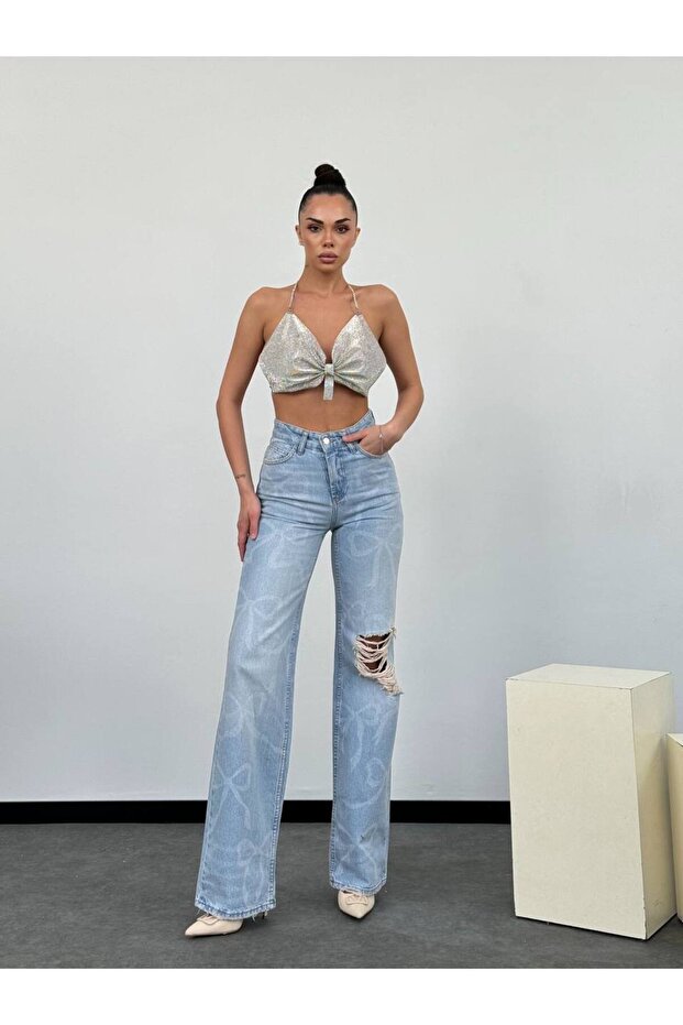 TREND SPECIAL DESIGN HIGH RISE DETAILED WIDE LEG JEAN PALAZZO PANTS