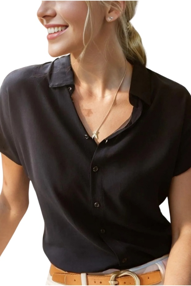 Women's Black Bat Viscose Short Sleeve Shirt with Buttons